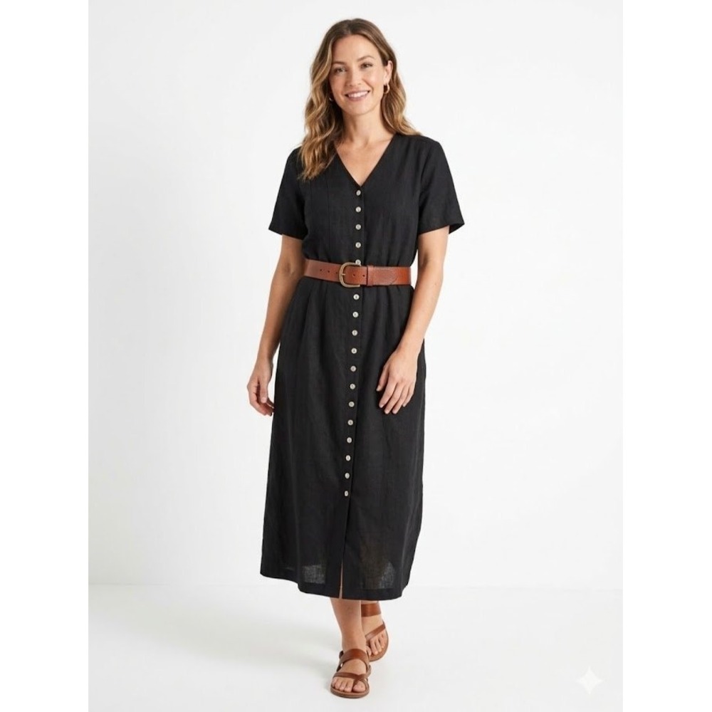 Orvis Midi Dress Womens 10 Black Linen Blend Button Front Short Sleeve Boho